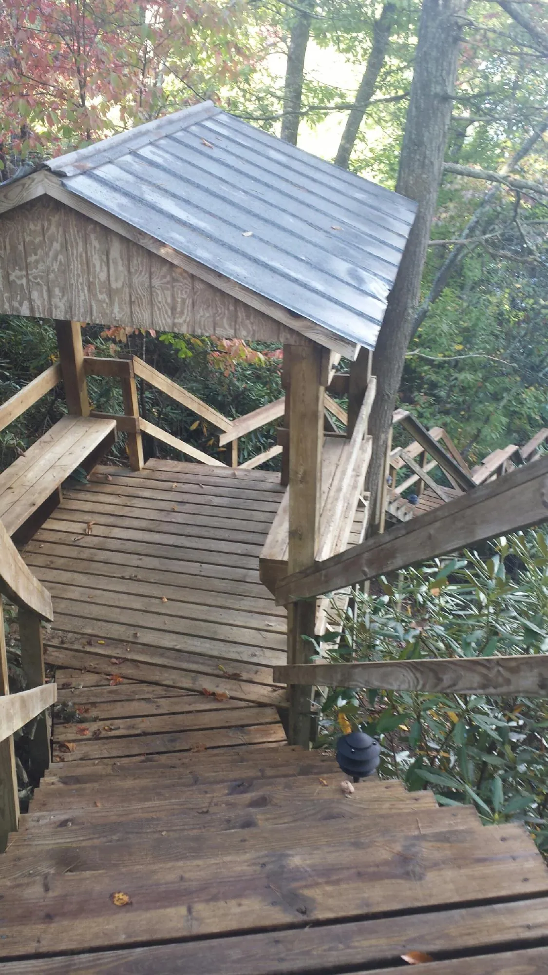 Metal roofed shelter over wooden steps on a wooded walkway — Skylight Repair & Installation work by our crew in Evart